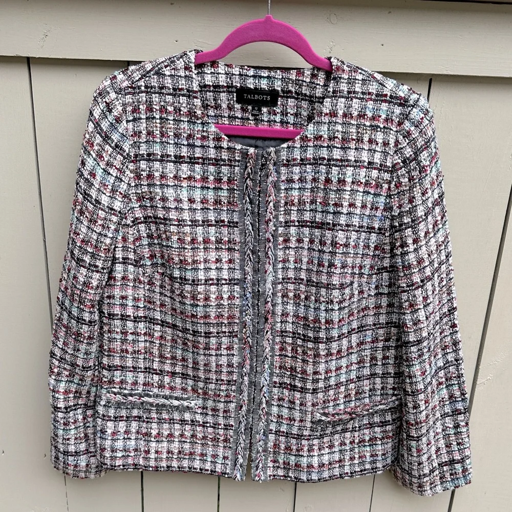 Talbots Adele Tweed lady jacket Blazer Collarless EUC Size 12 - Picture 3 of 12